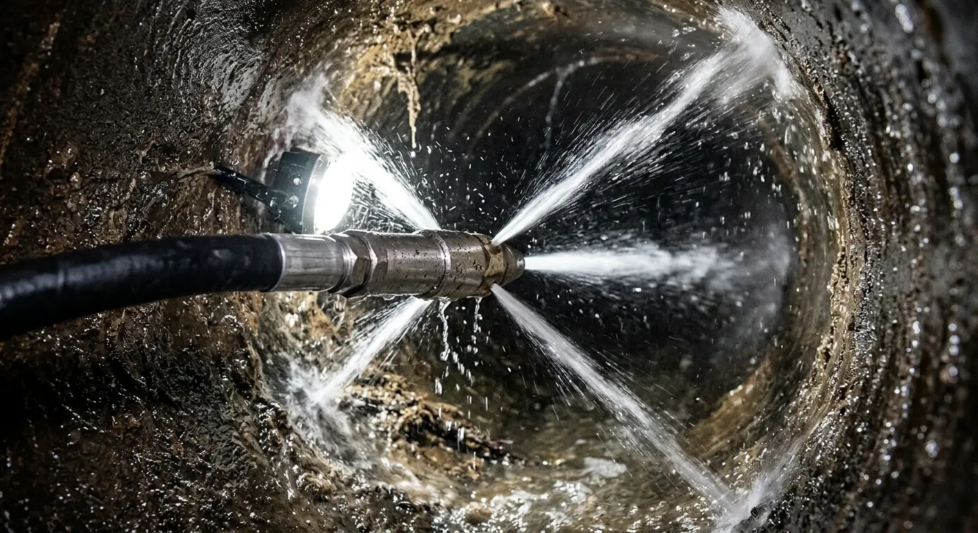 High-pressure hydro jetting nozzle cleaning sewer pipe for Trenchless Sewer Repair in Eaton