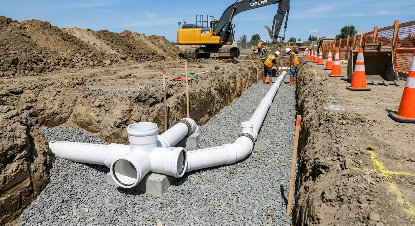 New PVC sewer pipe installation in open trench for Sewer Backup in Eaton