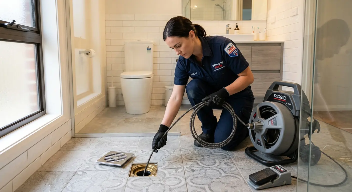 Technician clearing a bathroom floor drain for Clogged Drain Repair in Eaton